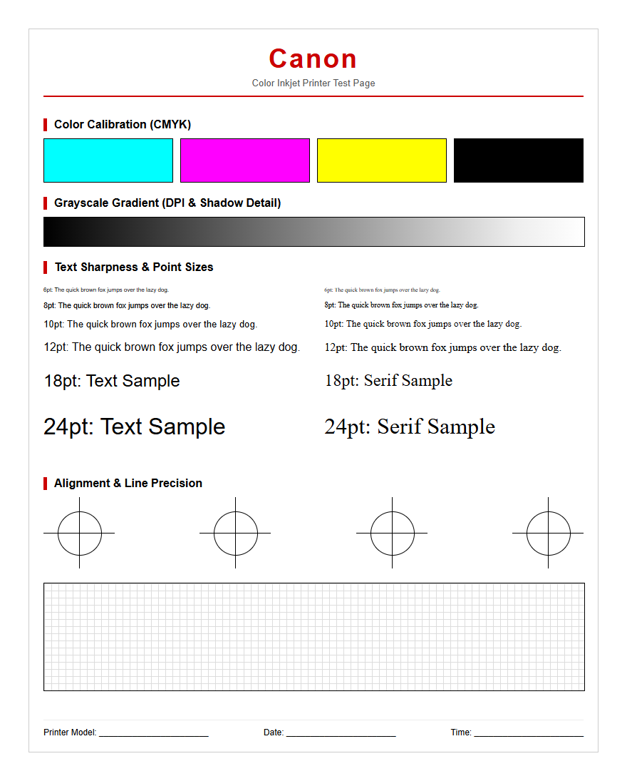 Canon Printer Test Page: Diagnosing Nozzle Health, Print Head Alignment, and Color Calibration Patterns