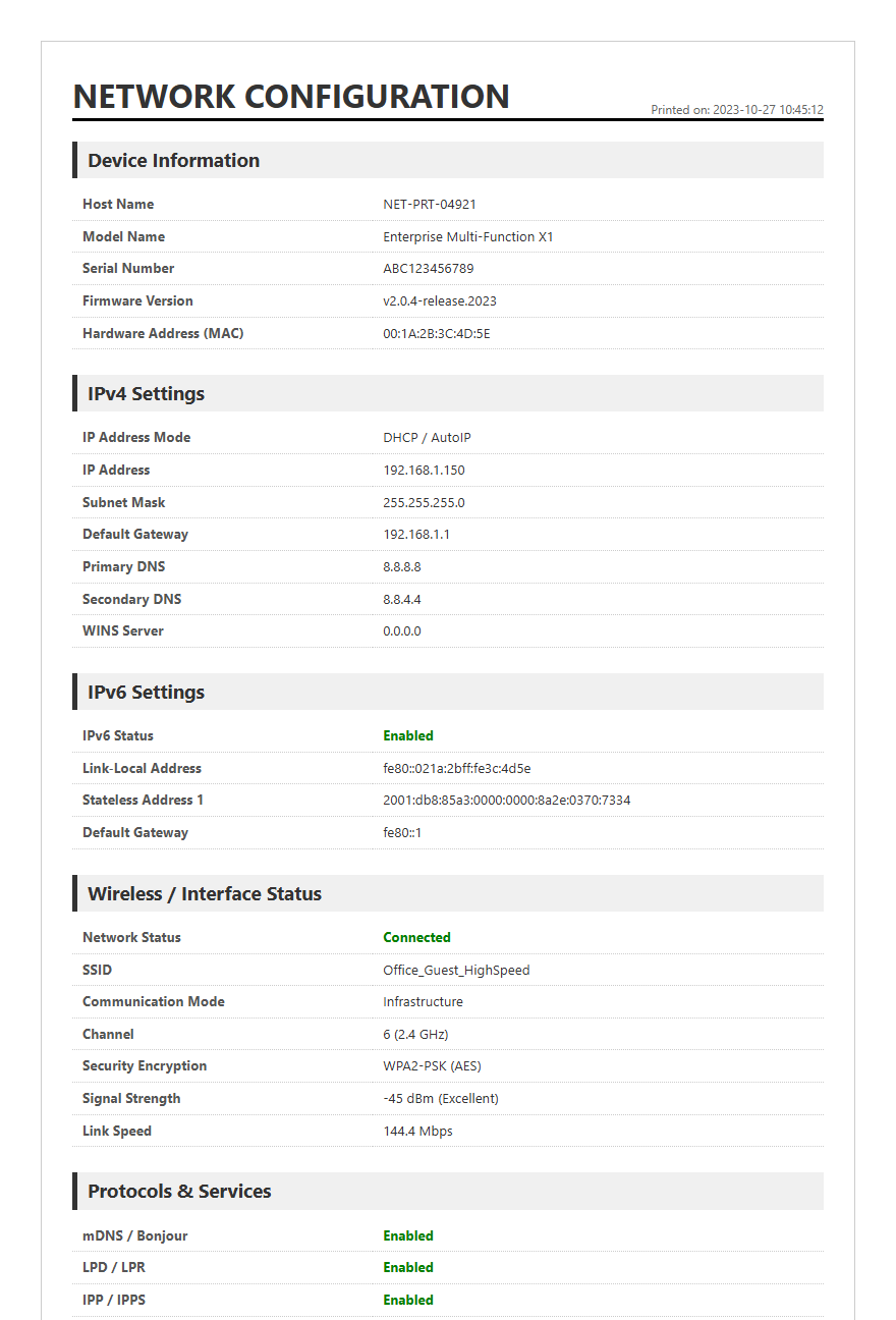 Decoding the Printer Network Configuration Report: Analyzing IP Addresses, Subnet Masks, and Connectivity Protocols