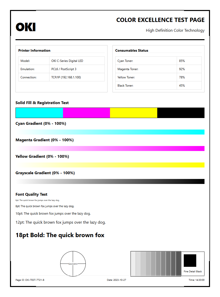 OKI Printer Test Page Guide: Configuration Reports, CMYK Calibration, and Diagnostic Self-Test Procedures