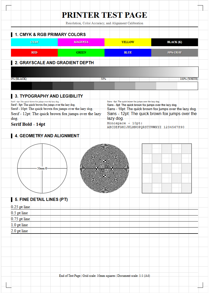High-Resolution Printer Test Page: Evaluating CMYK Accuracy, Nozzle Health, and Alignment Precision