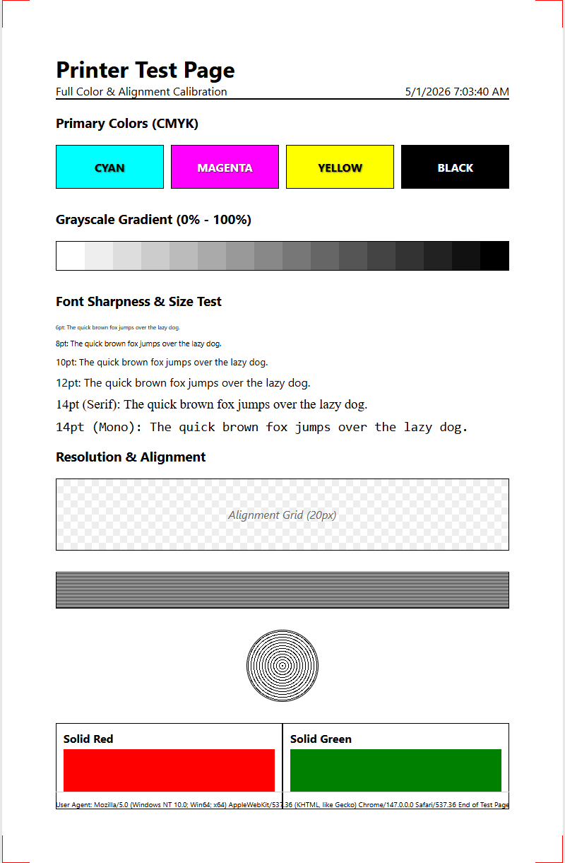 Professional Sample Printer Test Page: CMYK Gradients, Nozzle Check, and Alignment Diagnostics