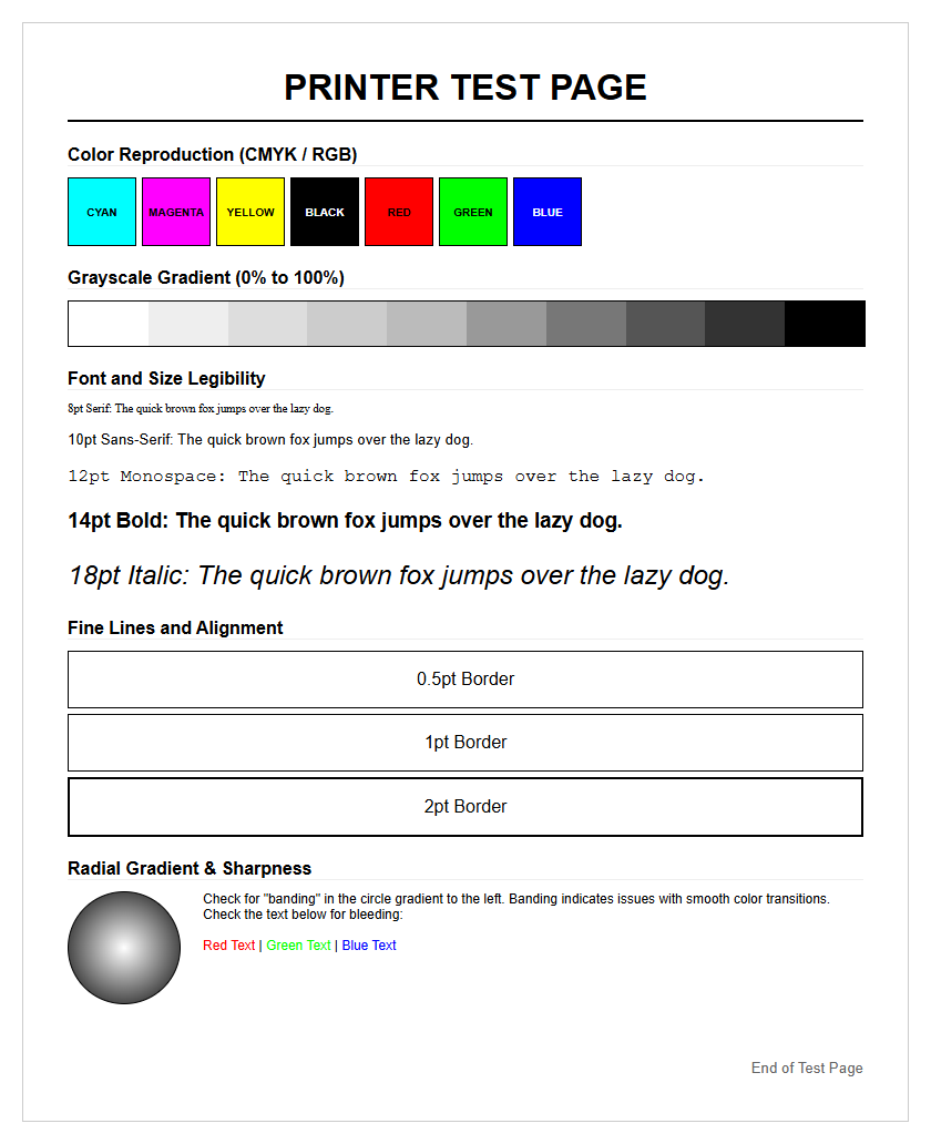 Text Printer Test Page: Evaluating Font Rendering, Character Alignment, and Nozzle Precision